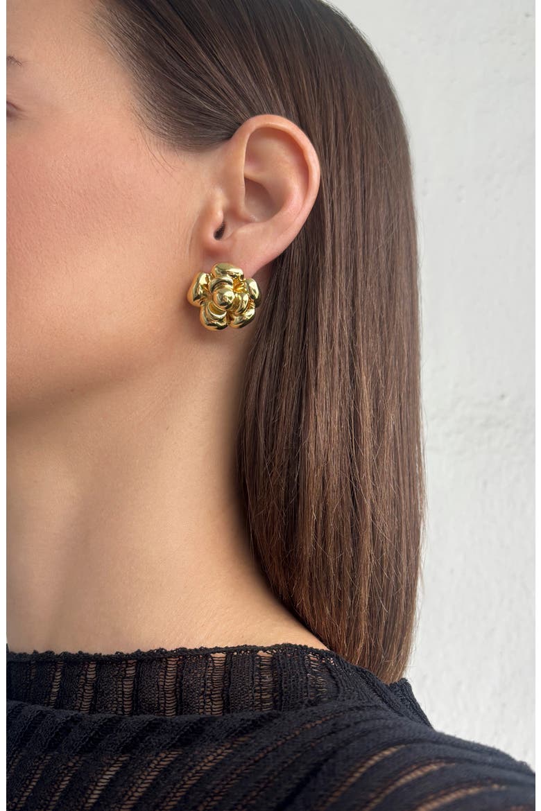 14K Gold Plate Camellia Flower Stud Earrings, Alternate, color, GOLD