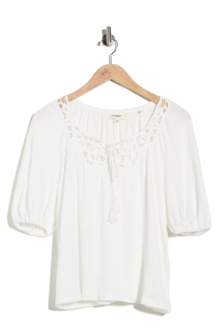 Split Neck Puff Sleeve Top, Alternate, color, WHITE