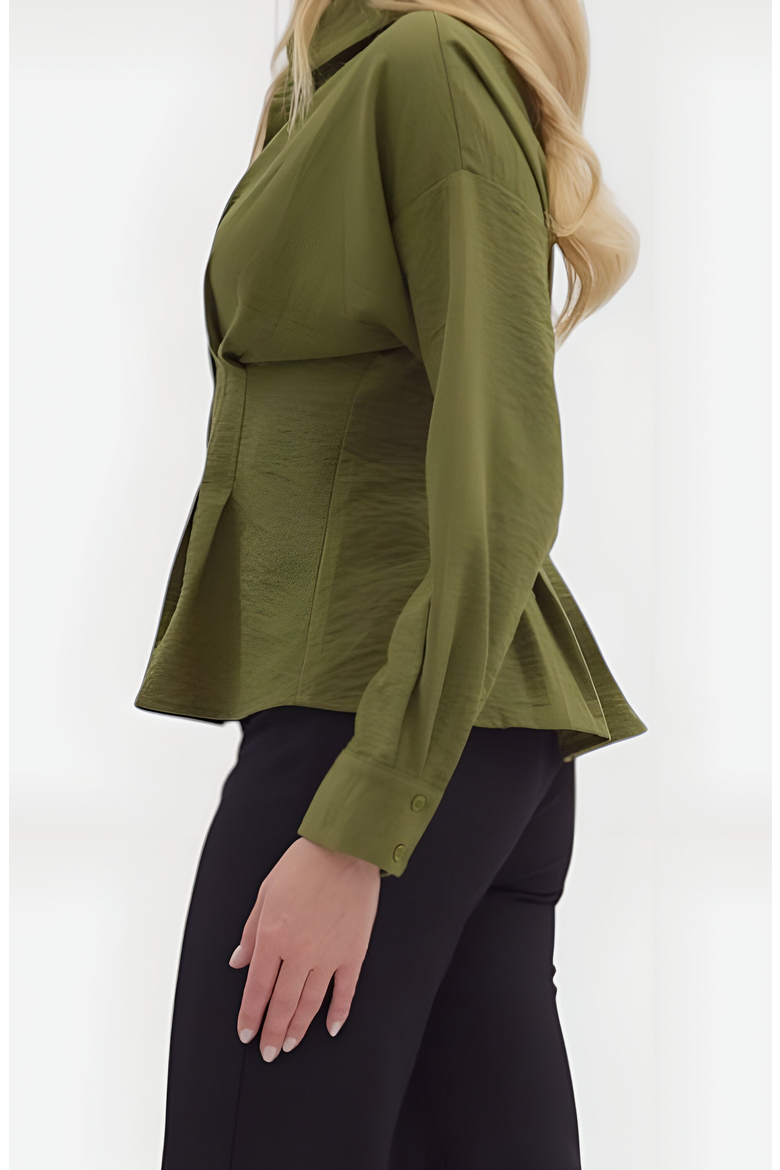 Peplum Button-Up Blouse with Long Sleeves and Structured Waist, Alternate, color, Olive Green