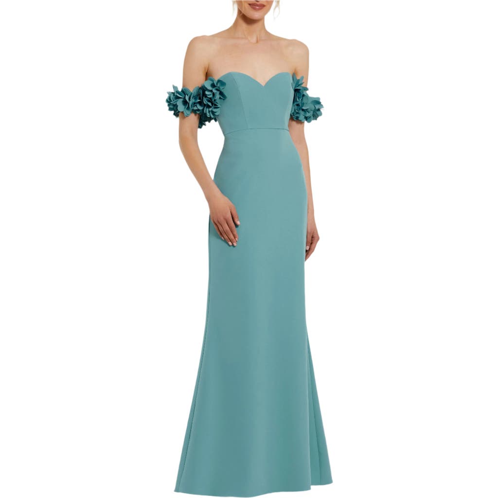 Mac Duggal Crepe Off The Shoulder Gown With 3d Flowers In Green