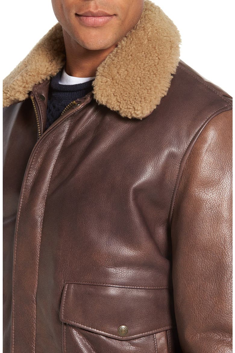 Cowhide Bomber Jacket with Genuine Shearling Collar, Alternate, color, BROWN