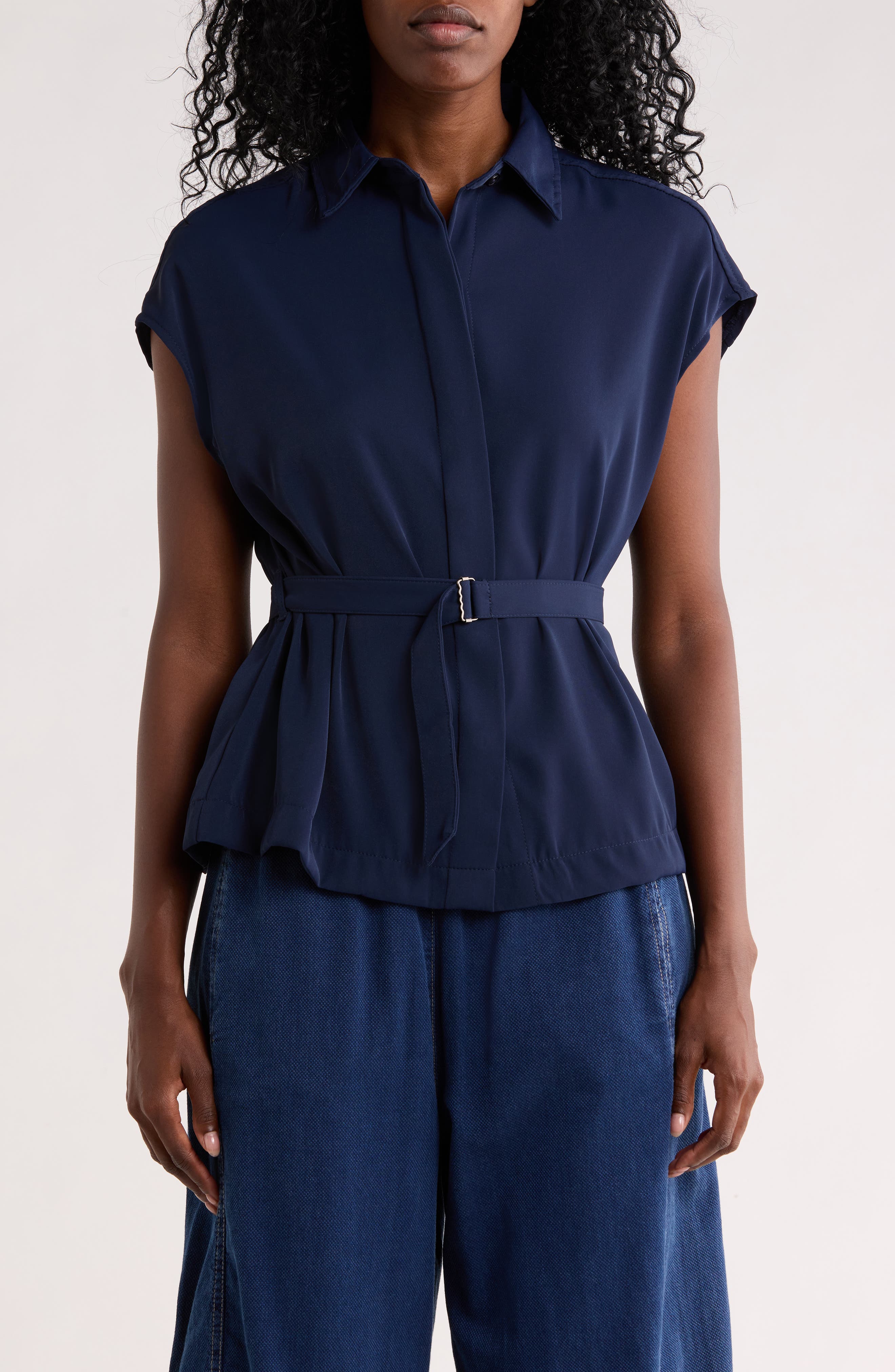 MAX STUDIO Belted Cap Sleeve Button-Up Shirt