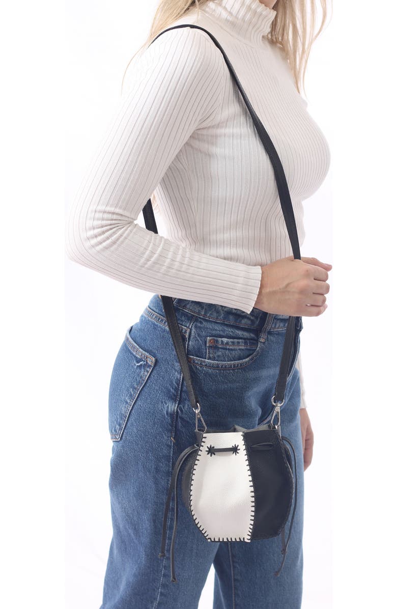 Carlos Falchi Mini Bucket Pouch Top Grain Leather Bag, Alternate, color, Black And White