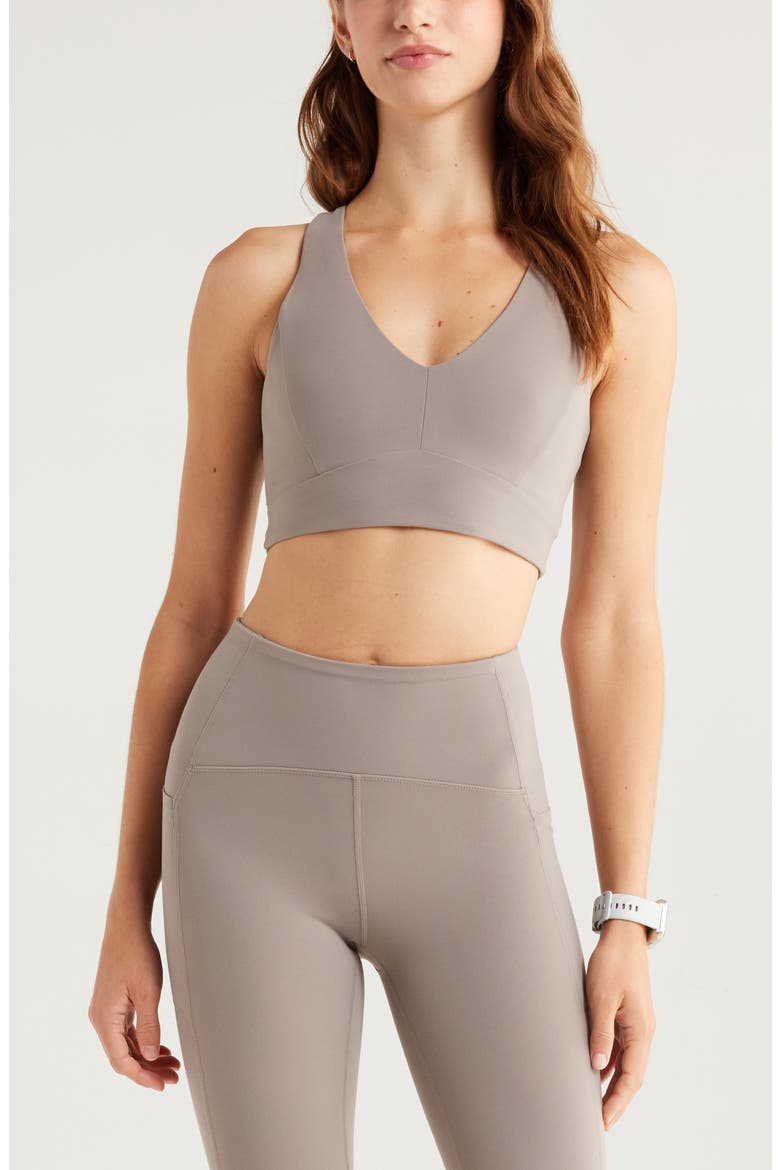 Studio Luxe V-Neck Racerback Sports Bra, Main, color, GREY ROCK