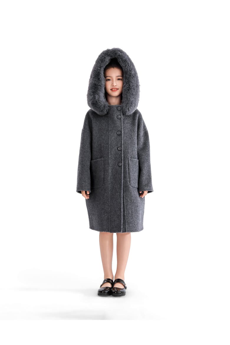 Wool Coat with Faux Fur Hood, Alternate, color, Grey