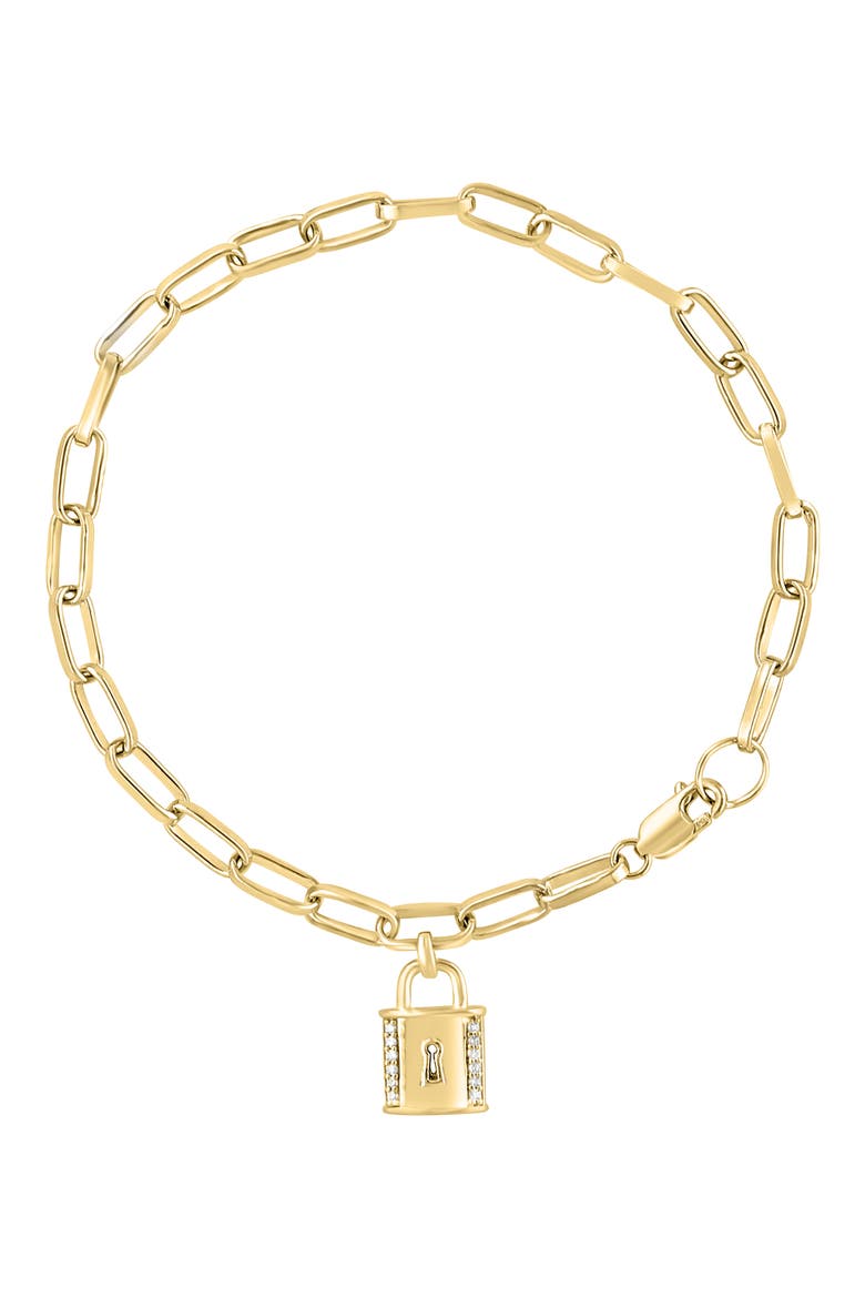 14k Gold Over Sterling Silver Diamond Padlock Paperclip Chain Bracelet, Main, color, GOLD