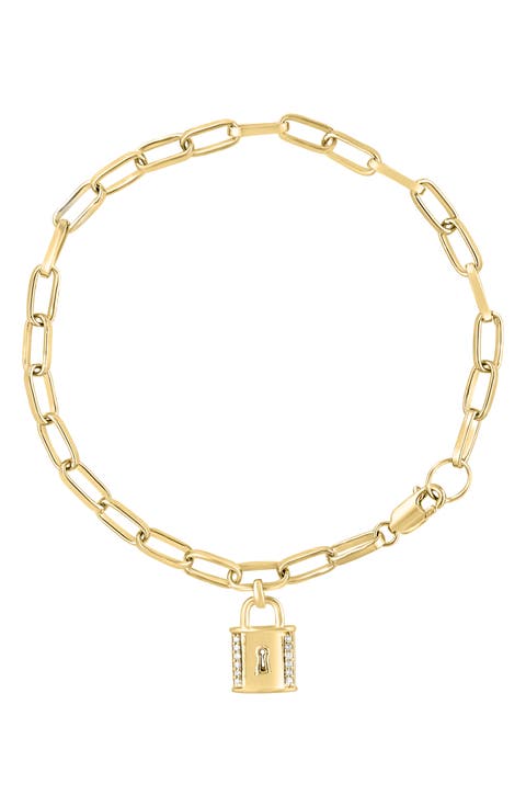 14k Gold Over Sterling Silver Diamond Padlock Paperclip Chain Bracelet