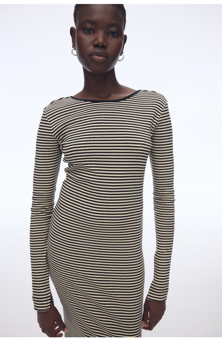 H&M Ribbed Scoop-back Dress, Alternate, color, Black/Beige Striped