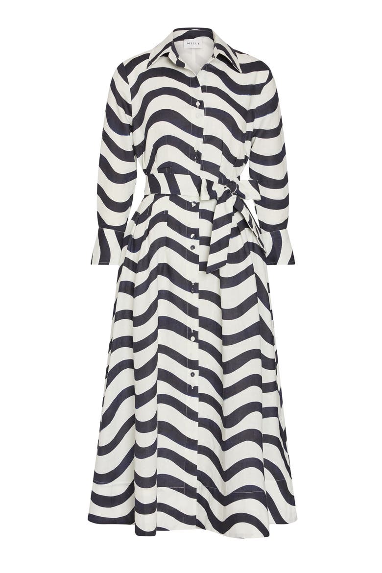 Lexi Stripe Tie Waist Long Sleeve Midi Shirtdress, Alternate, color, NAVY/ WHITE