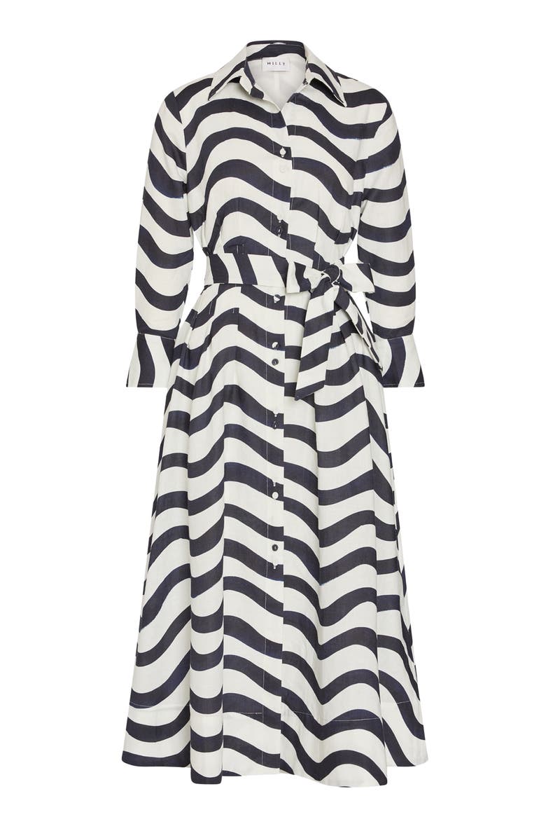 Milly Lexi Stripe Tie Waist Long Sleeve Midi Shirtdress, Alternate, color, Navy/ White