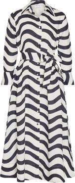 Milly Lexi Stripe Tie Waist Long Sleeve Midi Shirtdress