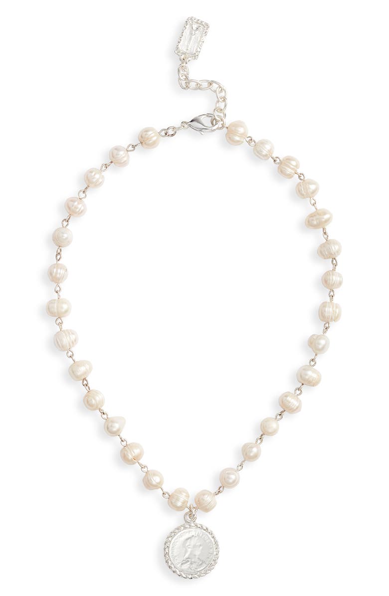 Karine Sultan Freshwater Pearl Station Medallion Necklace, Main, color, Silver