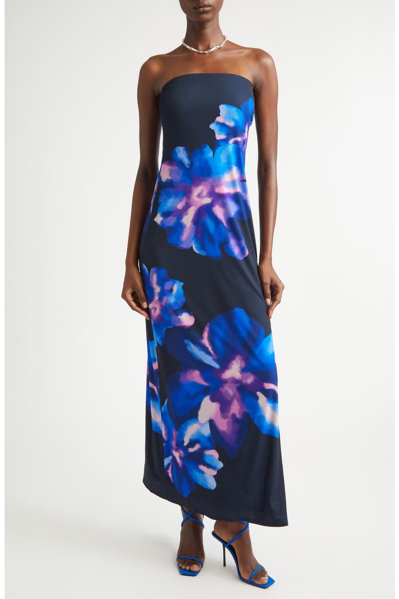 Nora Floral Strapless Maxi Dress, Main, color, NAVY FLORAL JERSEY