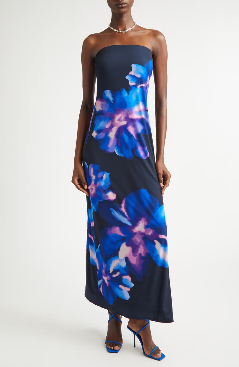 Ramy Brook Nora Floral Strapless Maxi Dress, Main, color, Navy Floral Jersey