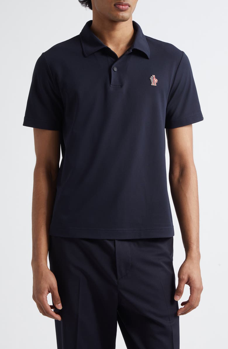 Moncler Logo Patch Nylon Piqué Polo, Main, color, Navy Blue