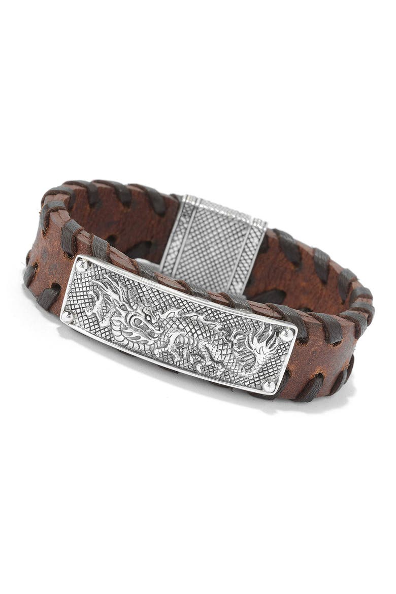 Engraved Dragon Leather Bracelet, Alternate, color, BROWN