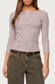 EDIKTED Avigyle Stripe Long Sleeve Henley Top