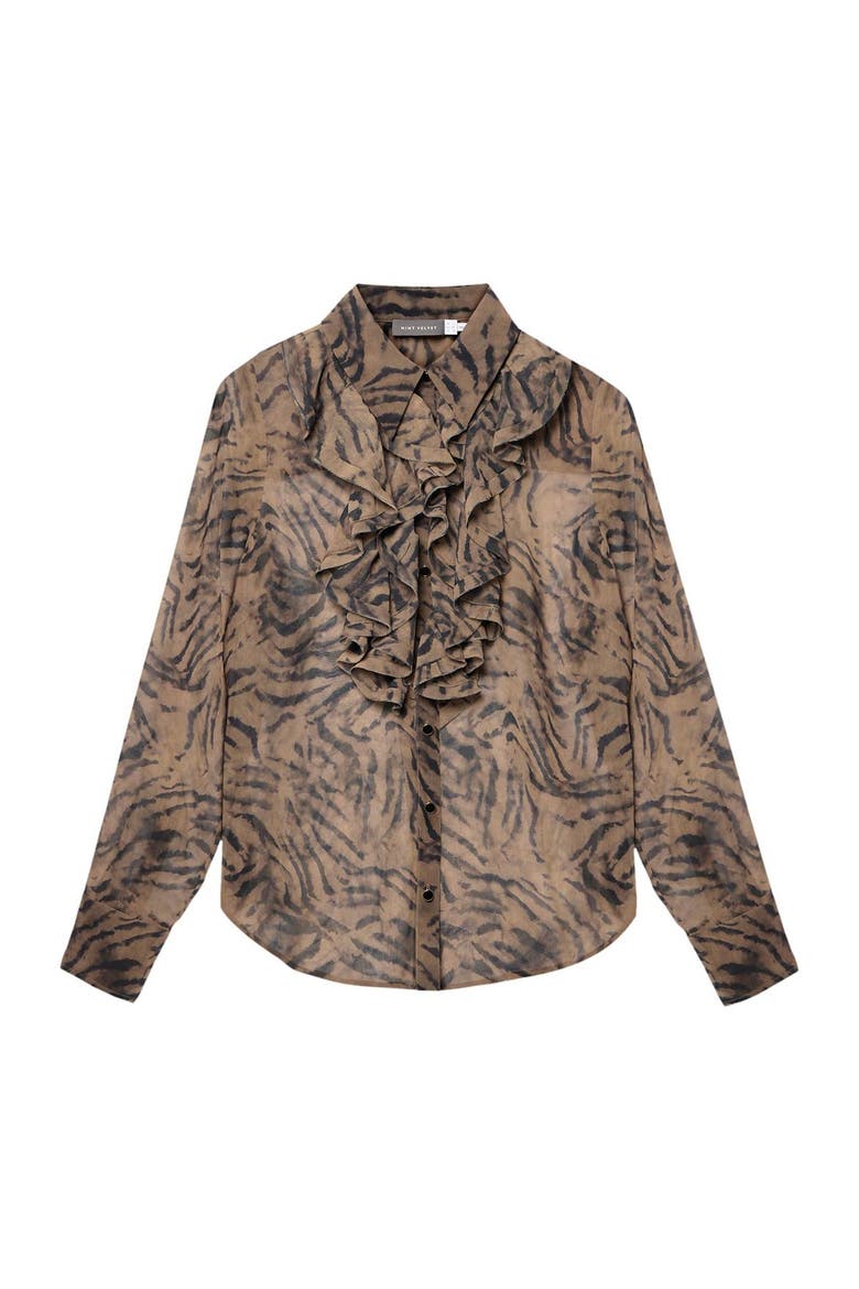 Ruffle Detail Button Down Blouse, Alternate, color, Brown