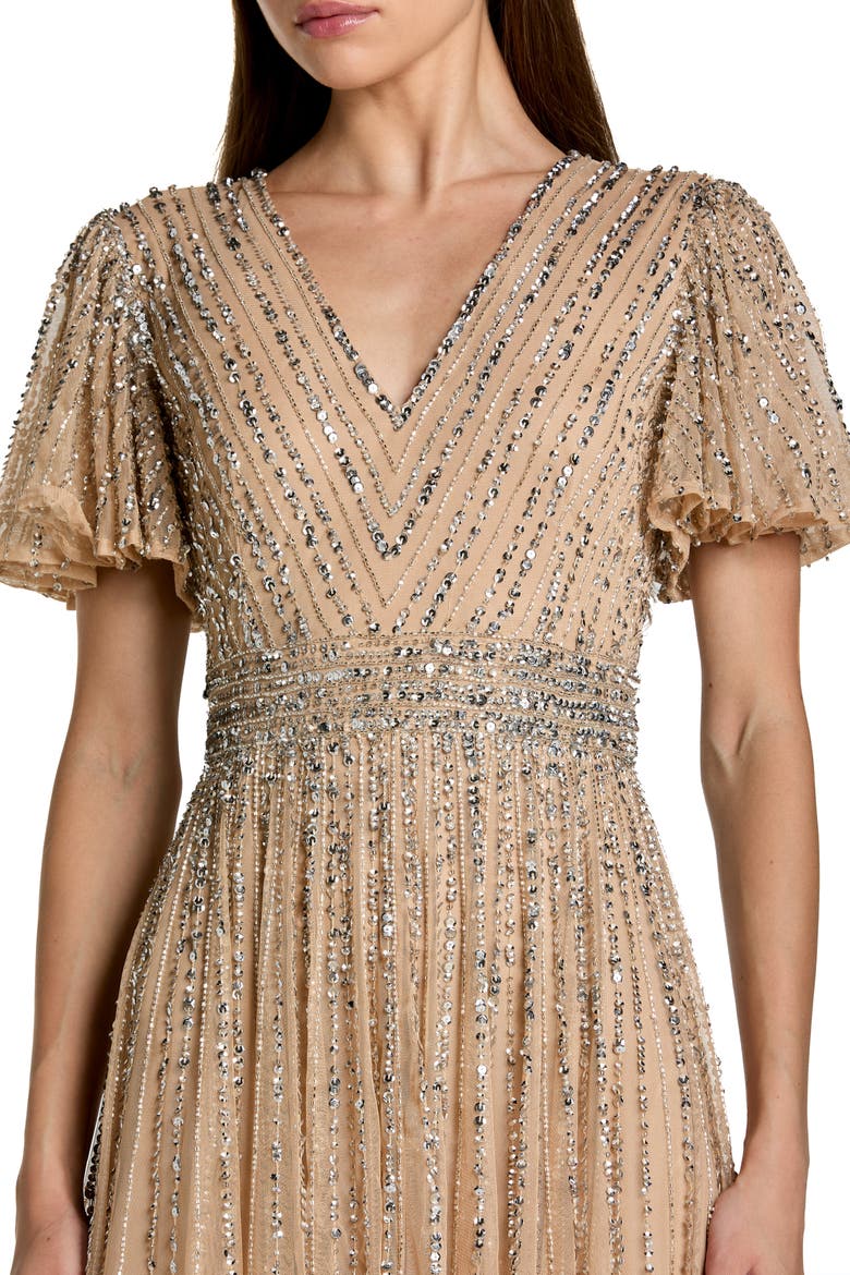 Hand Embellished V-Neck Flutter Sleeve Gown, Alternate, color, Nude Silver