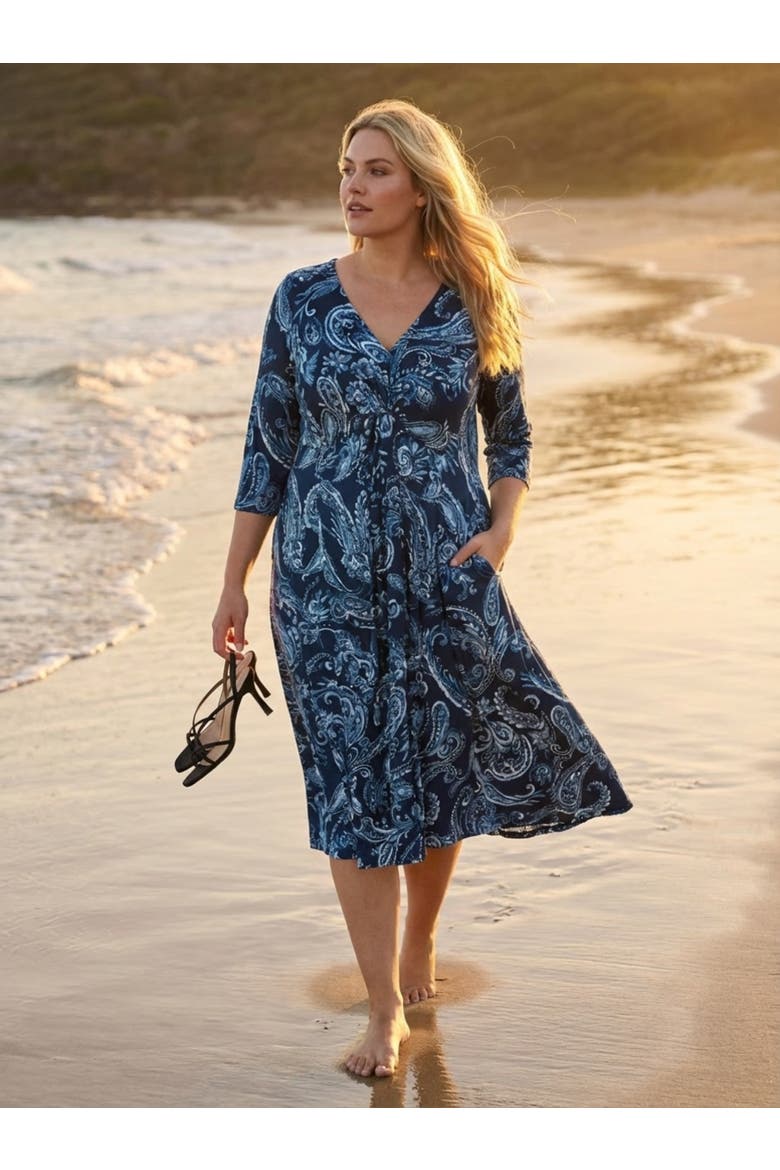Claudia Peach Touch Knot Front Dress, Alternate, color, Navy Paisley