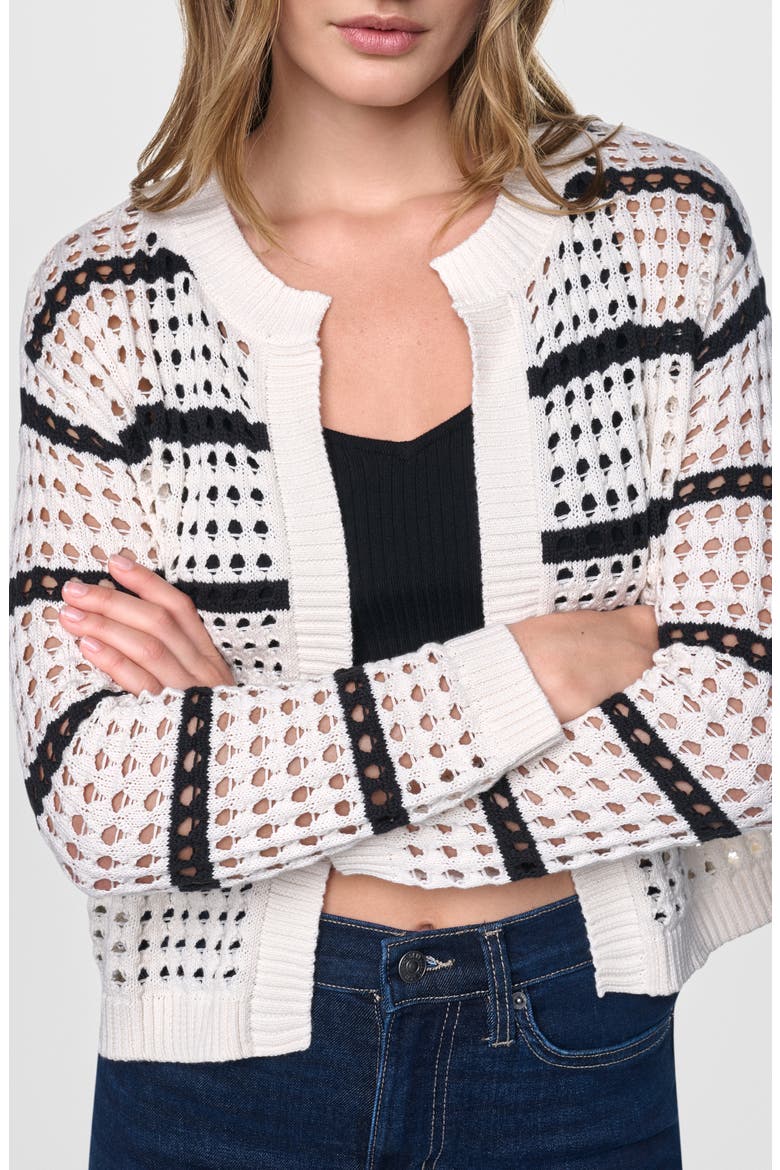 Striped Openwork Cardigan, Alternate, color, EGGNOG/ BLACK