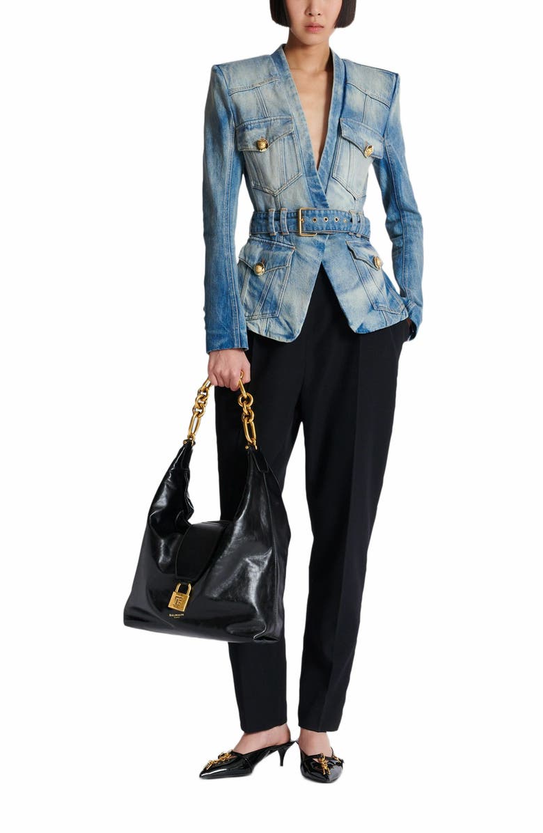 Balmain 1-Button Belted Denim Jacket, Alternate, color, Blue