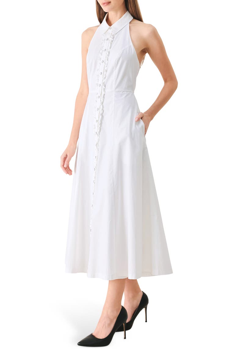 Ruffle Trim Halter Neck Midi Shirtdress, Alternate, color, WHITE