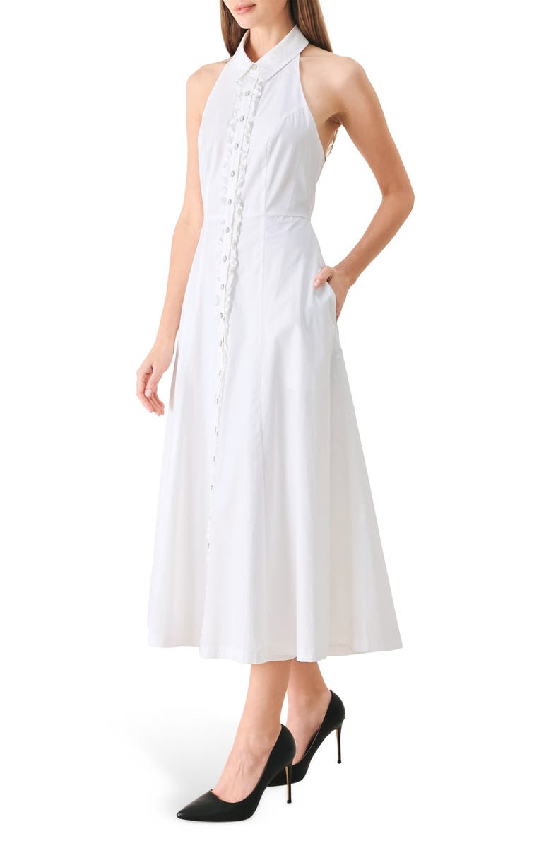 FREEMARKET Ruffle Trim Halter Neck Midi Shirtdress, Alternate, color, White