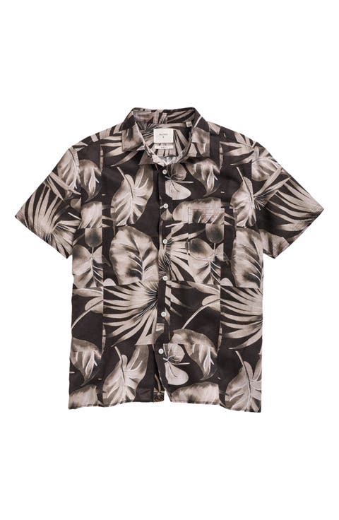 Tiled Leaf Print Short Sleeve Linen & Cotton Button-Up Shirt