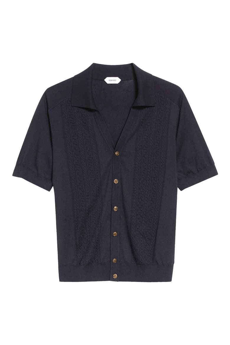 Greca Stitch Short Sleeve Cardigan, Alternate, color, NAVY