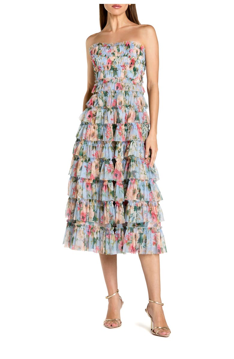 Mac Duggal Printed Mesh Ruffle Strapless Midi Dress, Main, color, Blue Multi