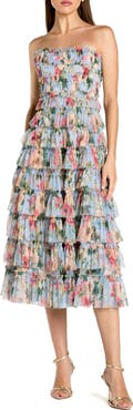 Mac Duggal Printed Mesh Ruffle Strapless Midi Dress