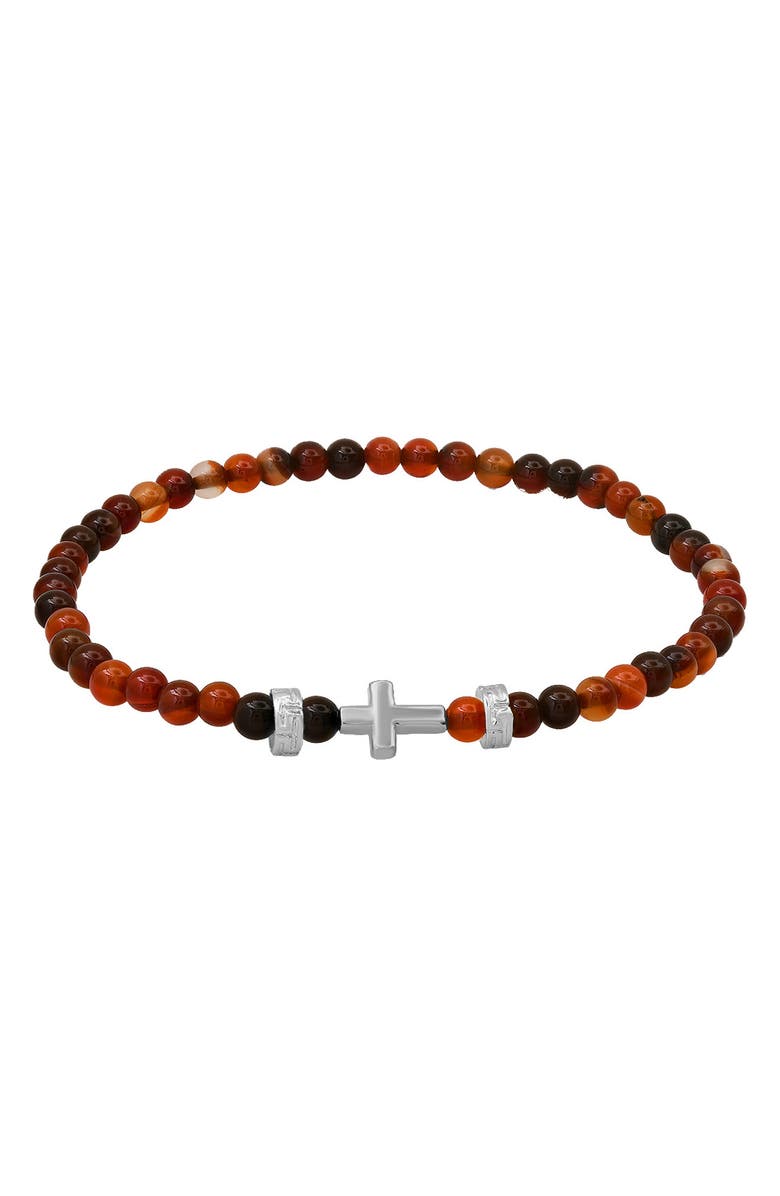 HMY JEWELRY Men's Sterling Silver Cross Red Agate Beaded Stretch Bracelet, Alternate, color, Silver/ Red/ Black