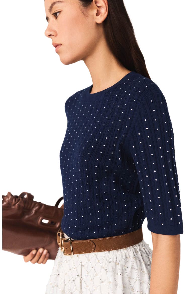 Round-neck rhinestone sweater, Alternate, color, Navy