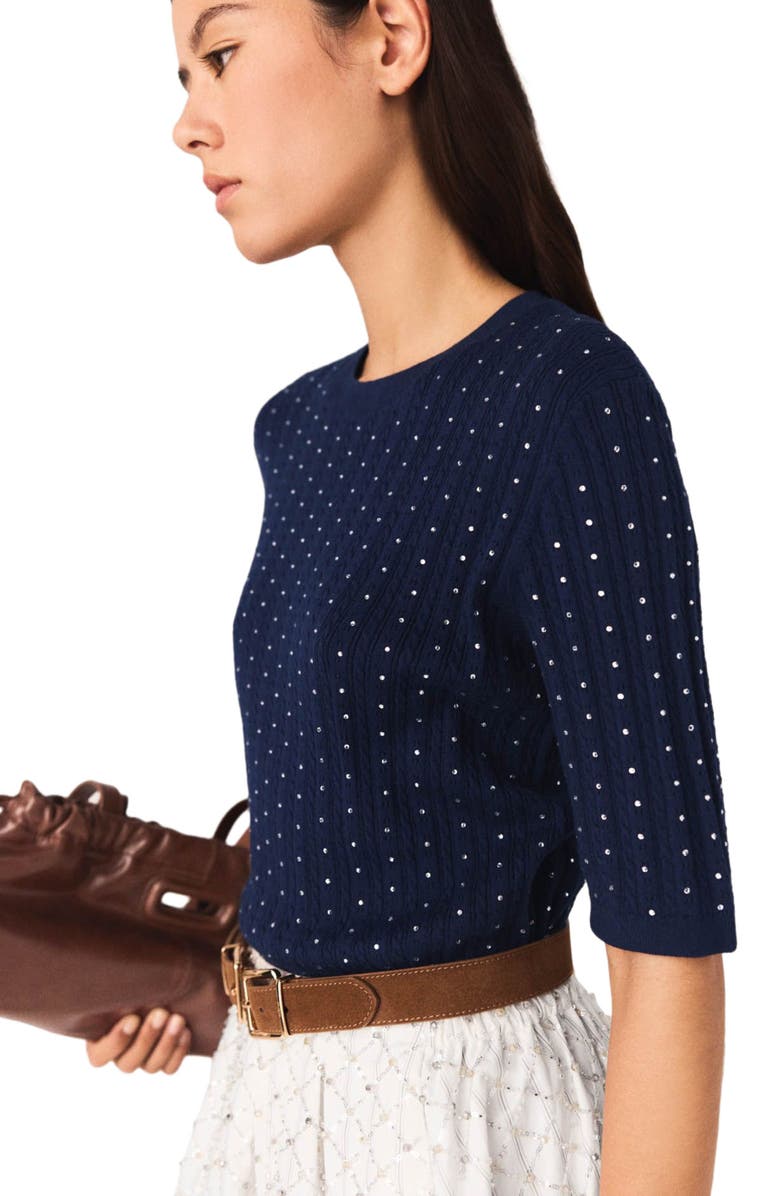 maje Round-neck rhinestone sweater, Alternate, color, Navy