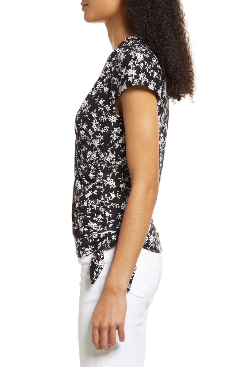 Loveappella Floral Print Faux Wrap Top, Alternate, color, Black