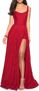 La Femme Long Lace Prom Dress with Attached Shorts