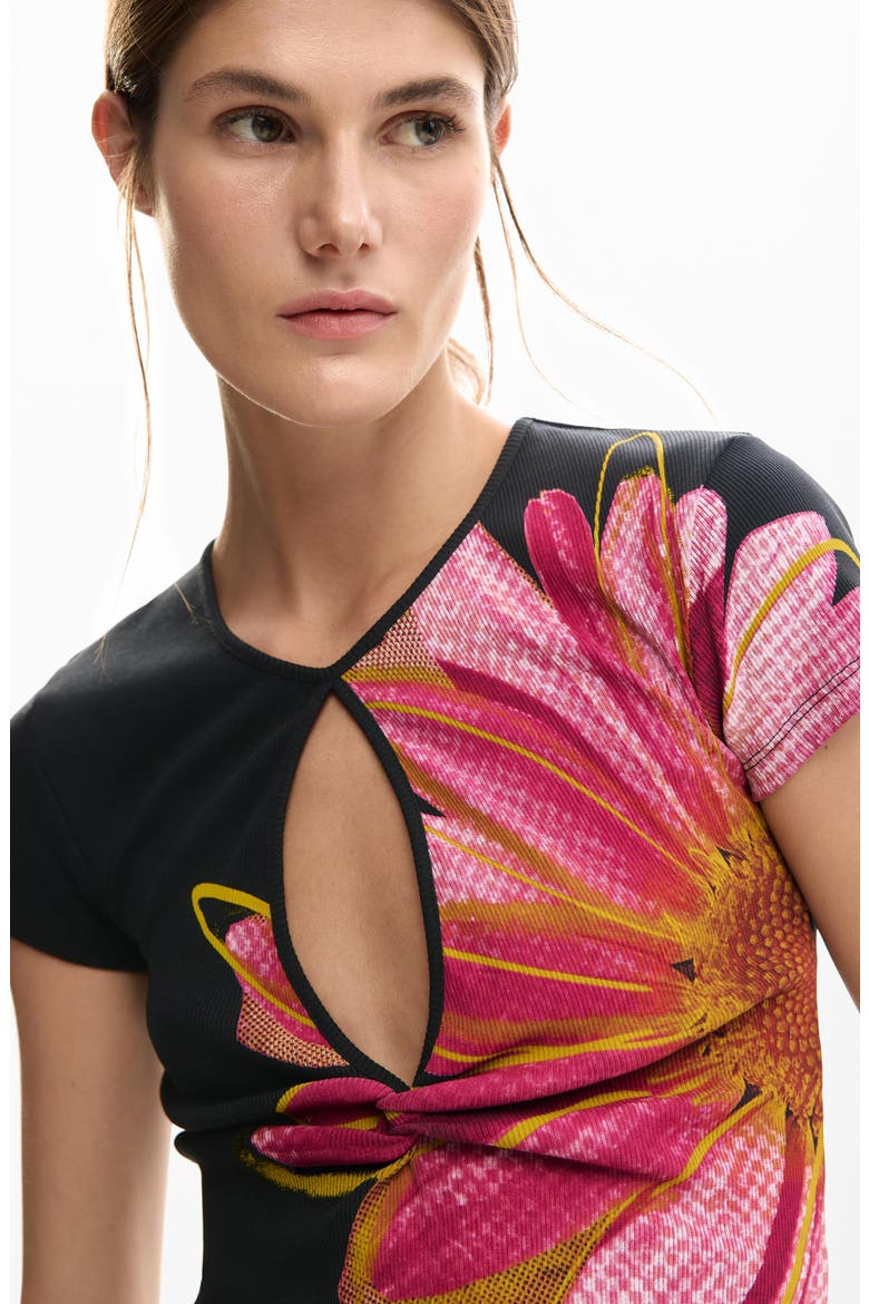 Floral Cutout Cotton Graphic T-Shirt, Alternate, color, BLACK