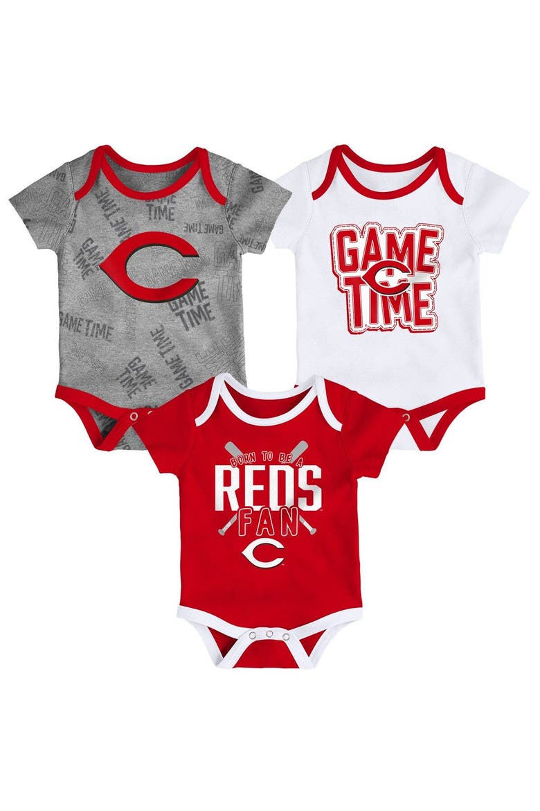 Newborn & Infant Cincinnati Reds Red/White/Heathered Gray Game Time Three-Piece Bodysuit Set, Main, color, Red