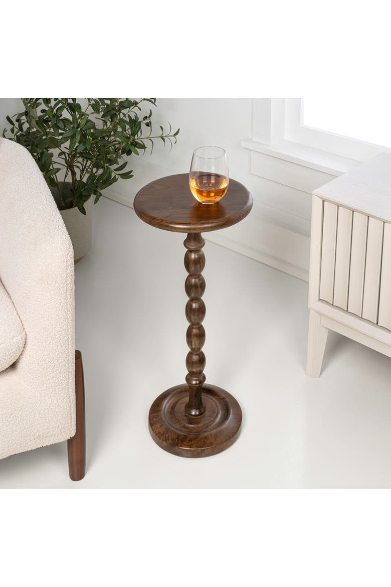 Augustus Cottage Round Solid Spool Pedestal Drink Table - Turned Accent Side End Table for Living Room, Alternate, color, Dark Brown