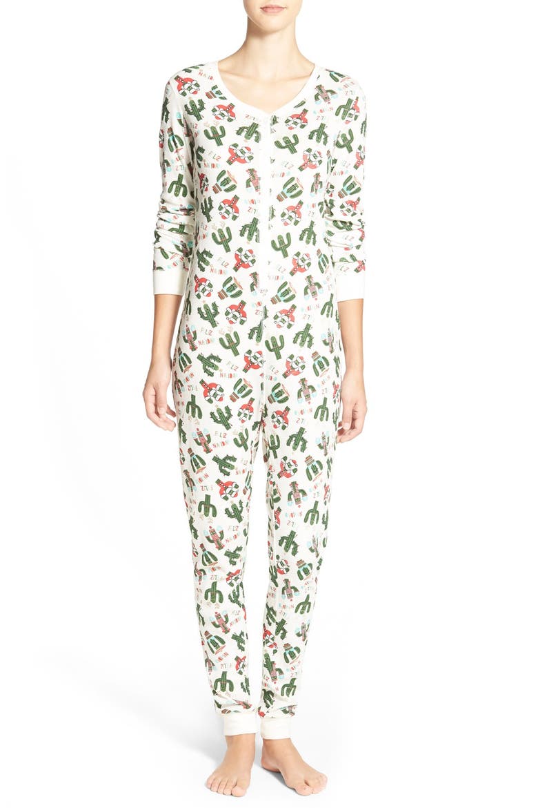 'Holiday Cactus' Thermal One-Piece Pajamas, Main, color, IVORY EGRET FELIZ NAVIDAD