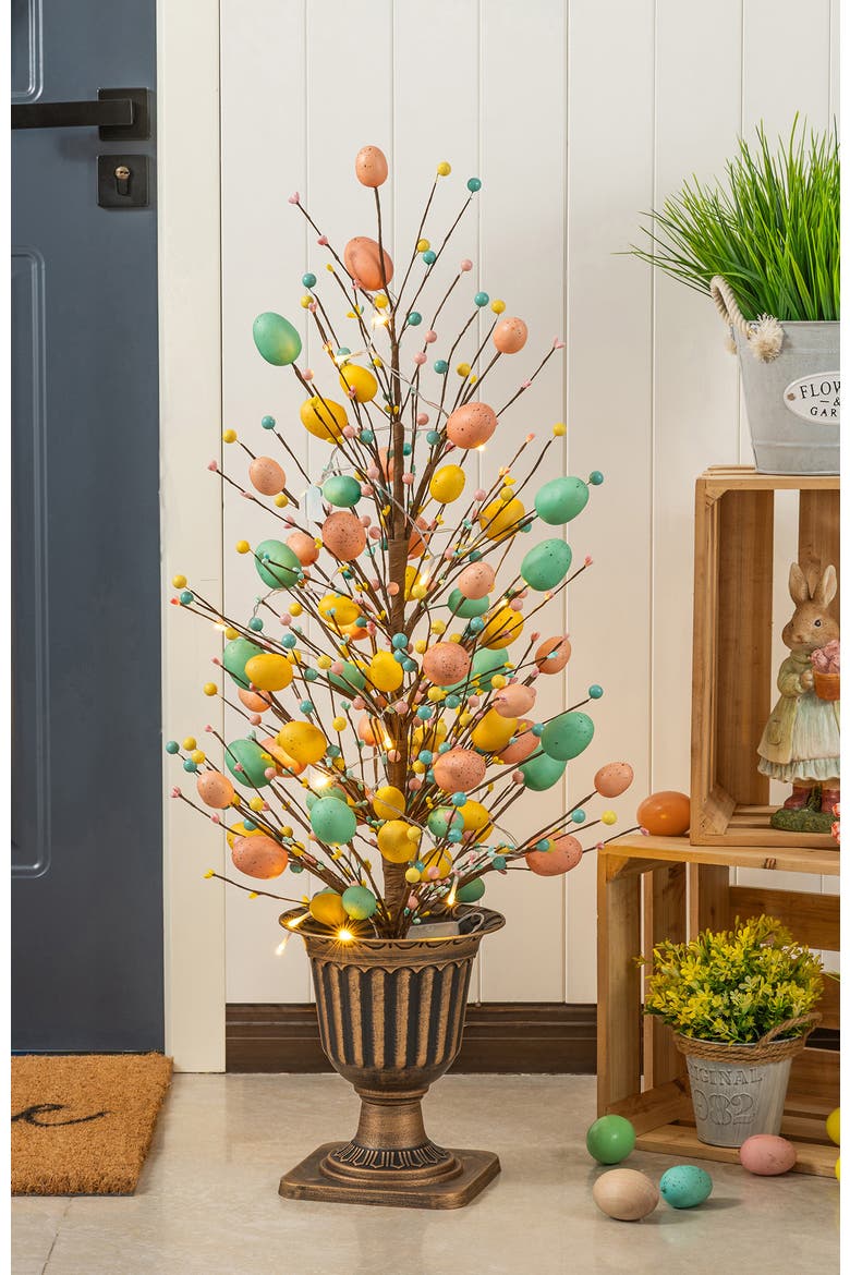 3FT Easter Egg & Flower/ Berry Urn Porch Tree with 20 Warm White Lights & Timer, Alternate, color, Blue