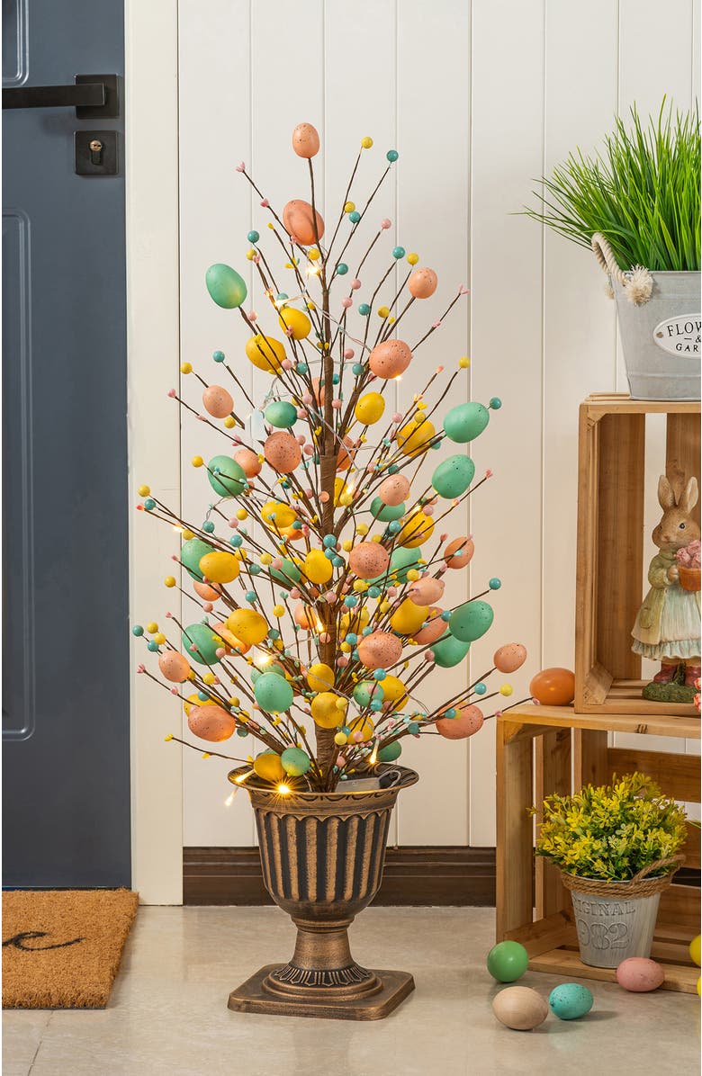 Glitzhome 3FT Easter Egg & Flower/ Berry Urn Porch Tree with 20 Warm White Lights & Timer, Alternate, color, Blue