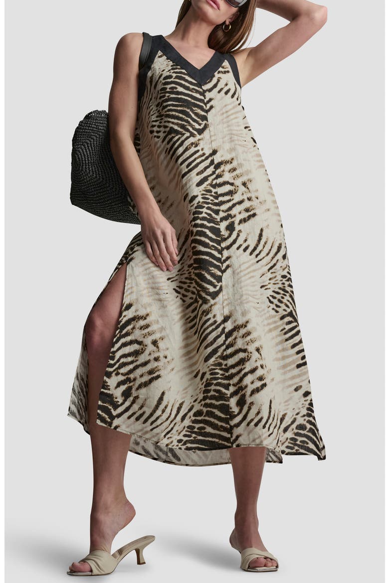 Print Colorblock Linen Midi Dress, Alternate, color, BRUSHED SANDBED/ BLACK