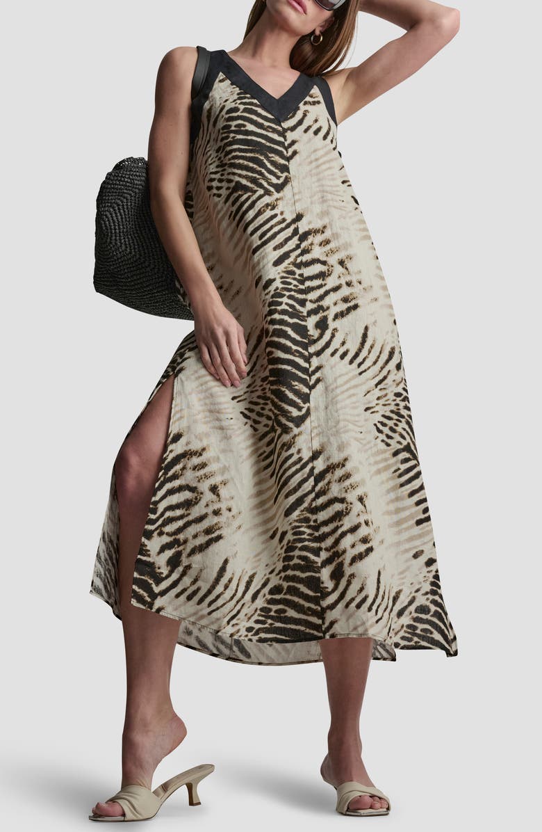 DKNY Print Colorblock Linen Midi Dress, Alternate, color, Brushed Sandbed/ Black