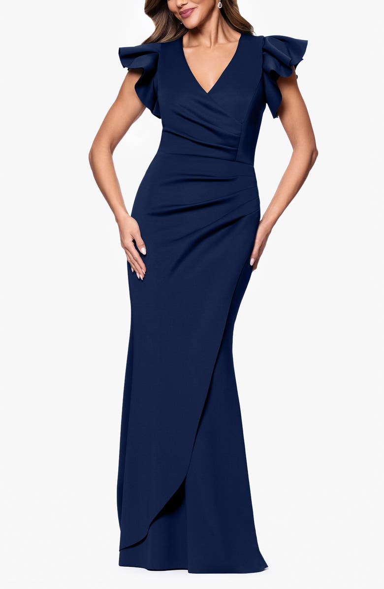 Xscape Evenings Ruffle Ruched Scuba Knit Gown, Main, color, Midnight