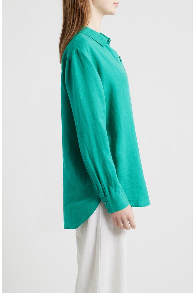 Classic Collar Organic Linen Long Button-Up Shirt, Alternate, color, SEA STAR
