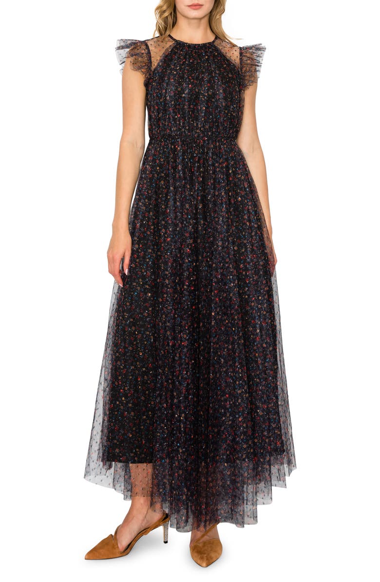 MELLODAY Flutter Sleeve Mesh Maxi Dress, Main, color, 