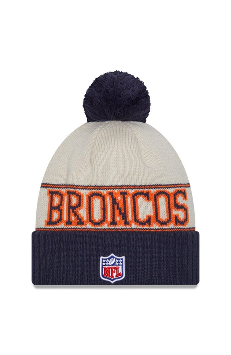 New Era Men's New Era Cream/Navy Denver Broncos 2023 Sideline Historic Pom Cuffed Knit Hat, Alternate, color,