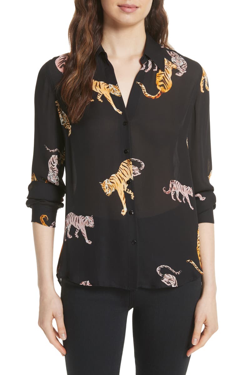 L'AGENCE Nina Tiger Print Silk Blouse, Main, color,